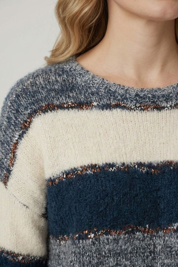 Navy | Striped Texture Drop Shoulder Jumper