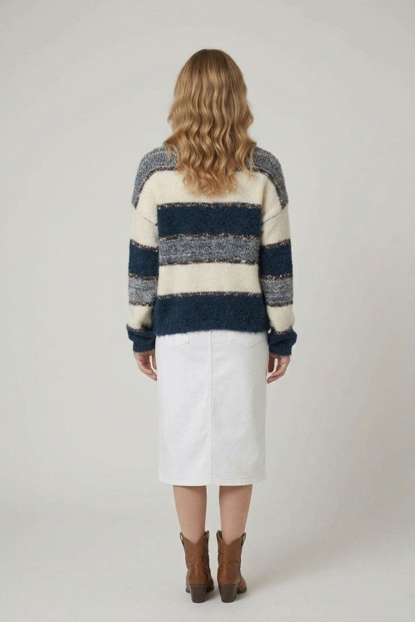 Navy | Striped Texture Drop Shoulder Jumper