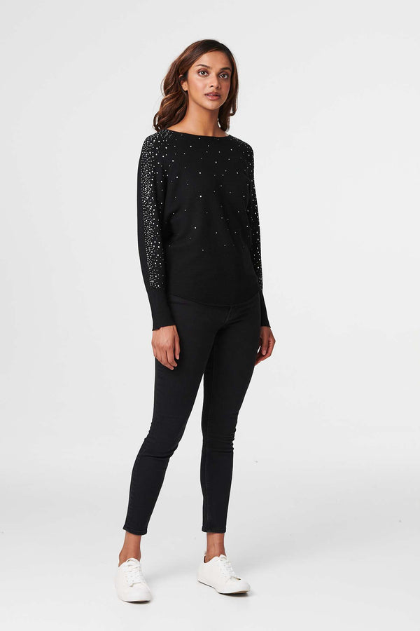Black | Embellished Batwing knit Top