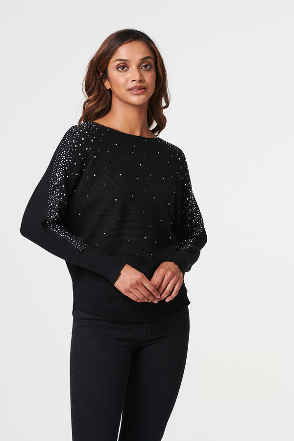 Black | Embellished Batwing knit Top : Model is 5'10"/178 cm and wears UK8/EU36/US4/AUS8