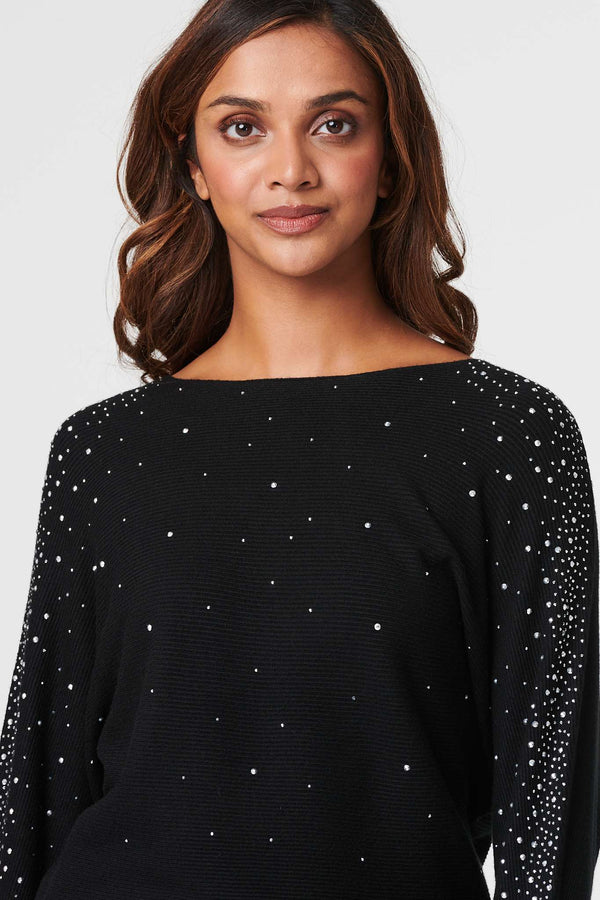 Black | Embellished Batwing knit Top