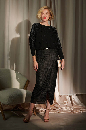 Black | Embellished Batwing knit Top : Model is 5'10