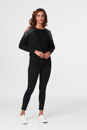 Black | Embellished Cold Shoulder Top