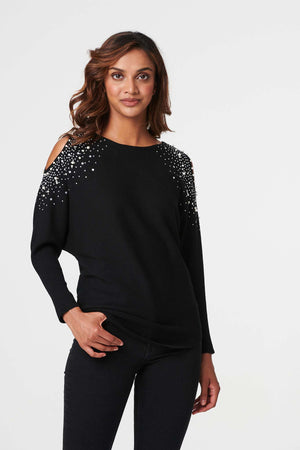 Black | Embellished Cold Shoulder Top