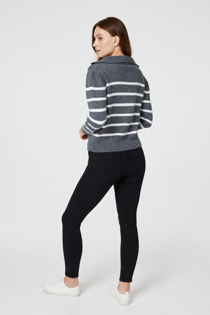 Grey | Striped Zip Neck Cropped Knit Top