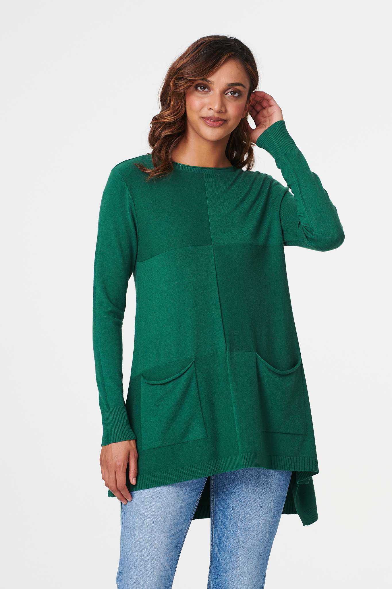 Green | Checked Front Pocket Knit Top