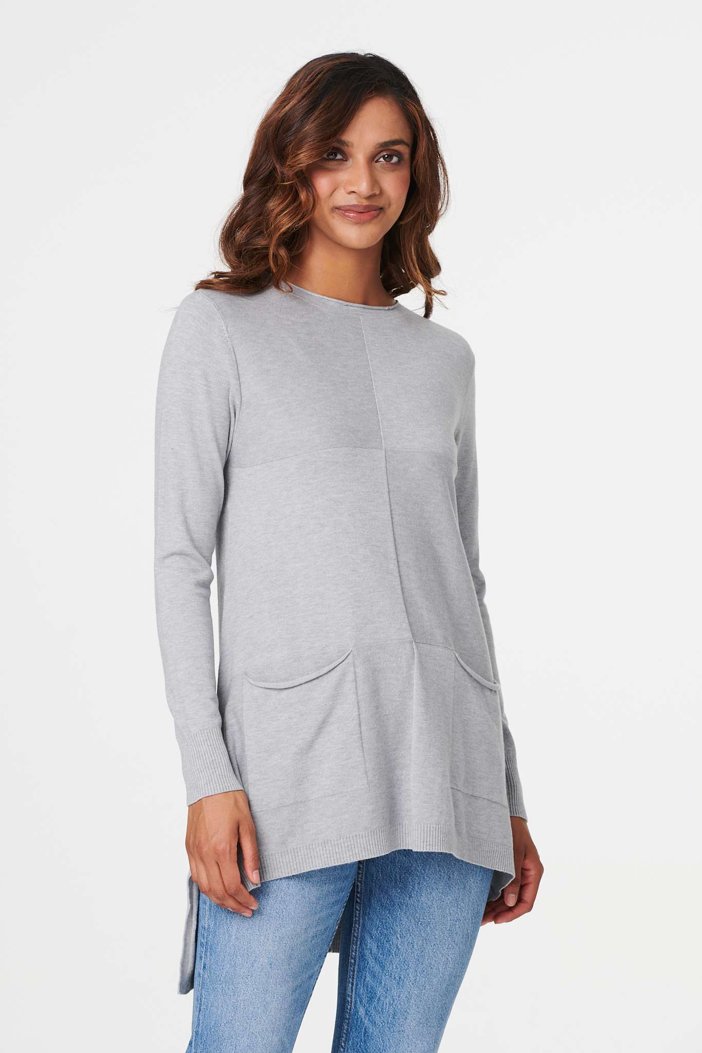 Grey | Checked Front Pocket Knit Top