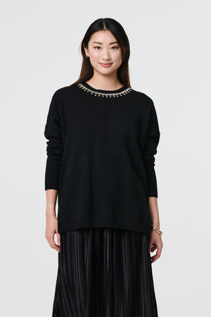 Black | Embellished Neck Relaxed Jumper : Model is 5'9