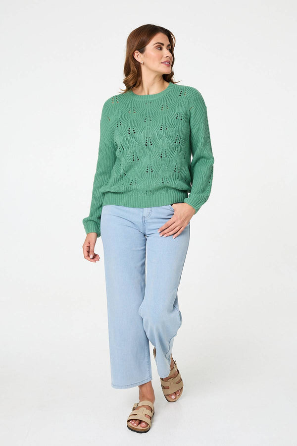 Green | Textured Knit Relaxed Long Sleeve Jumper
