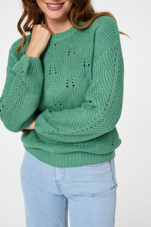 Green | Textured Knit Relaxed Long Sleeve Jumper
