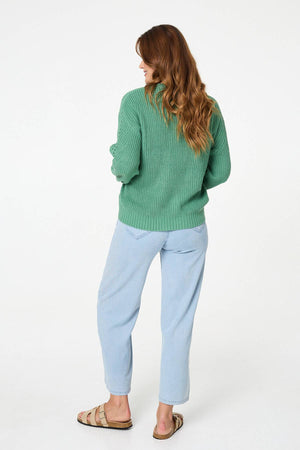 Green | Textured Knit Relaxed Long Sleeve Jumper
