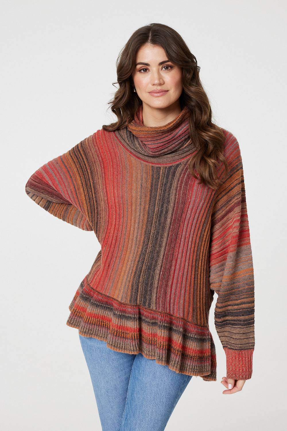 Striped Oversized Frill Roll Neck Jumper Izabel London