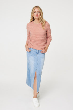 Pink | Striped Long Sleeve Textured Knit Jumper : Model is 5'10