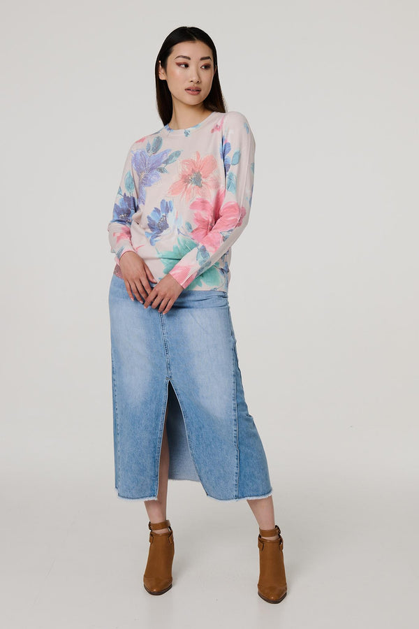 Beige | Floral Diamante Detail Long Sleeve Jumper
