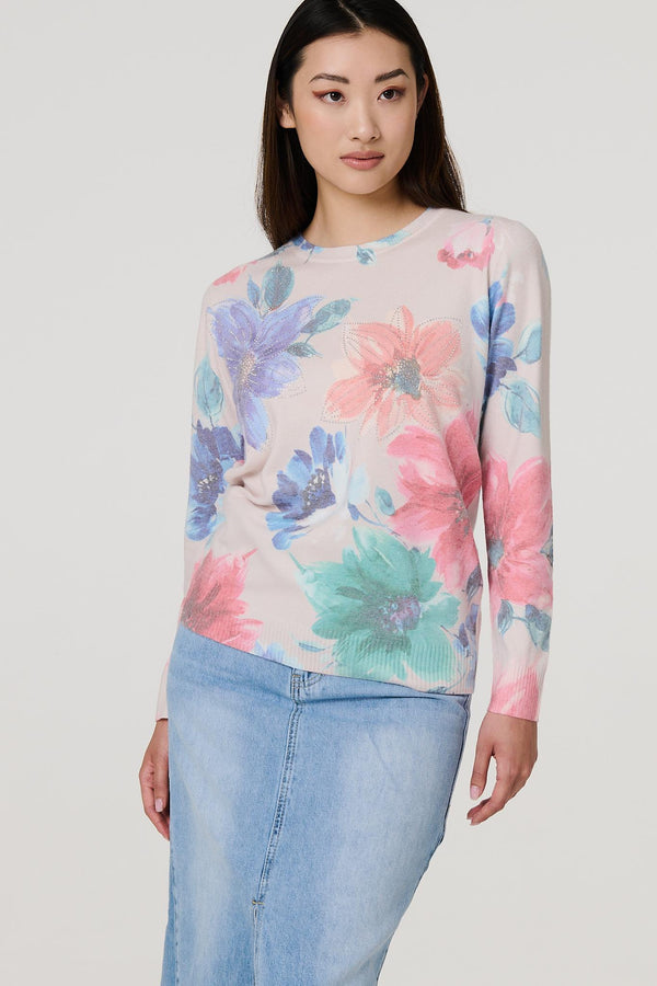 Beige | Floral Diamante Detail Long Sleeve Jumper
