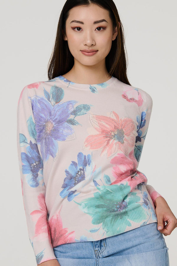 Beige | Floral Diamante Detail Long Sleeve Jumper
