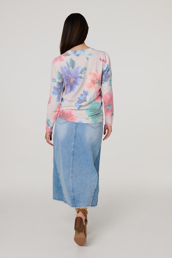 Beige | Floral Diamante Detail Long Sleeve Jumper
