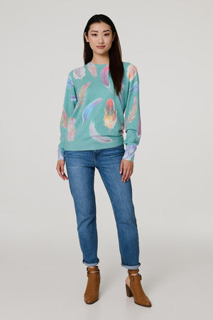 Sage | Feather Print Diamante Detail Jumper
