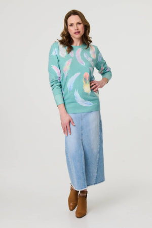 Sage | Feather Print Diamante Detail Jumper
