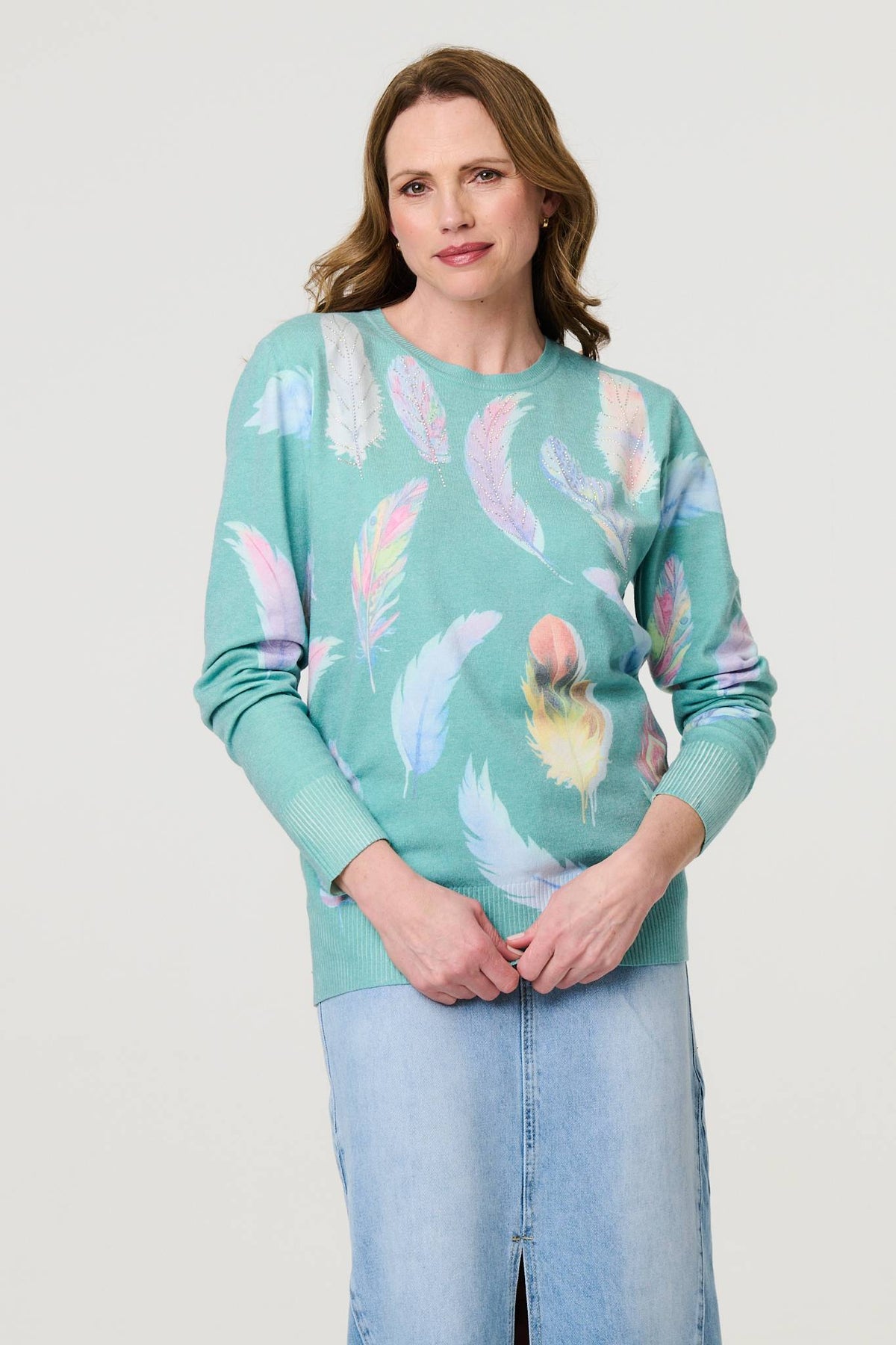 Feather Print Diamante Detail Jumper