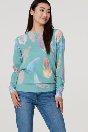 Sage | Feather Print Diamante Detail Jumper : Model is 5'9