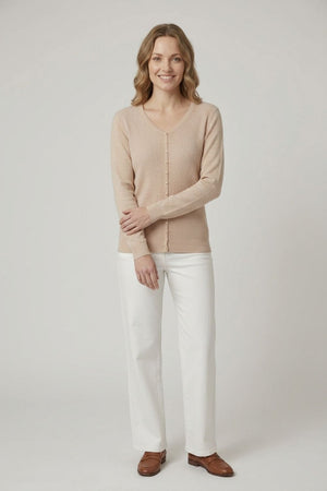 Beige | Textured Pearl Detail V-Neck Knit Top