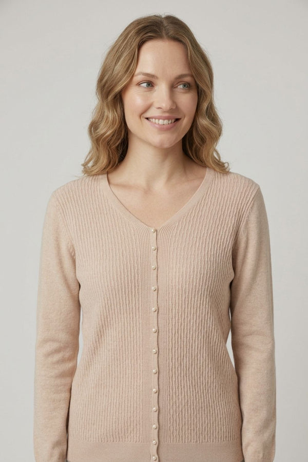 Beige | Textured Pearl Detail V-Neck Knit Top