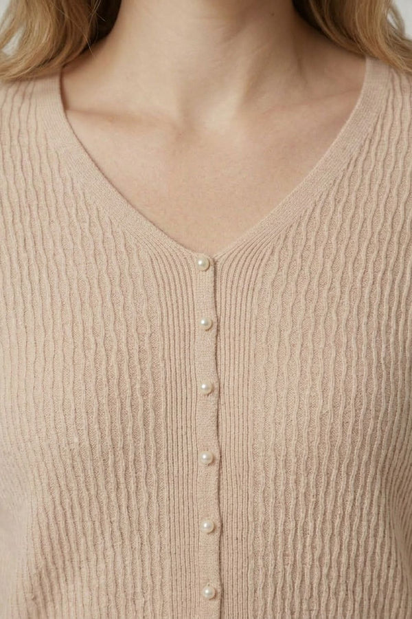 Beige | Textured Pearl Detail V-Neck Knit Top