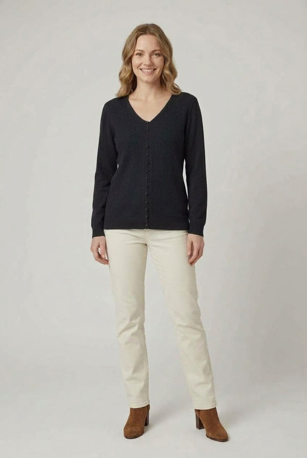 Black | Textured Pearl Detail V-Neck Knit Top