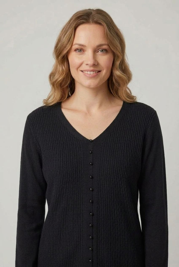 Black | Textured Pearl Detail V-Neck Knit Top