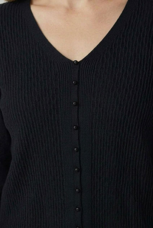Black | Textured Pearl Detail V-Neck Knit Top