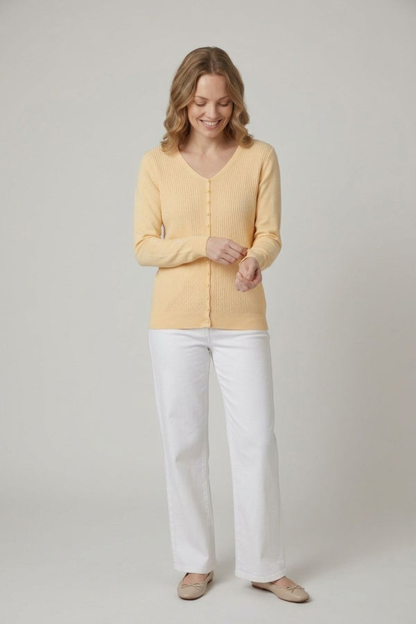 Yellow | Textured Pearl Detail V-Neck Knit Top