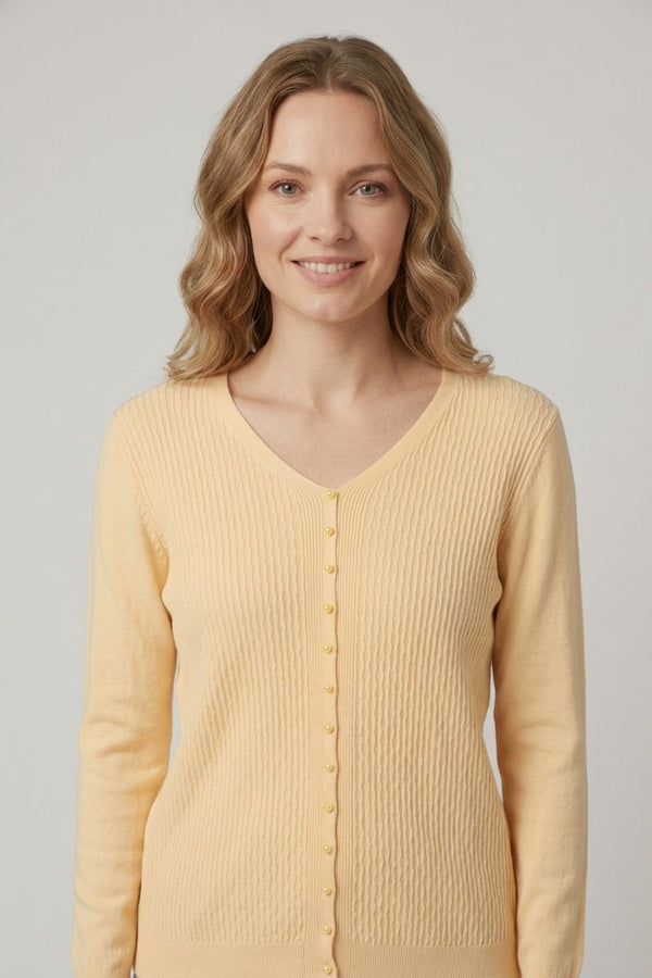 Yellow | Textured Pearl Detail V-Neck Knit Top