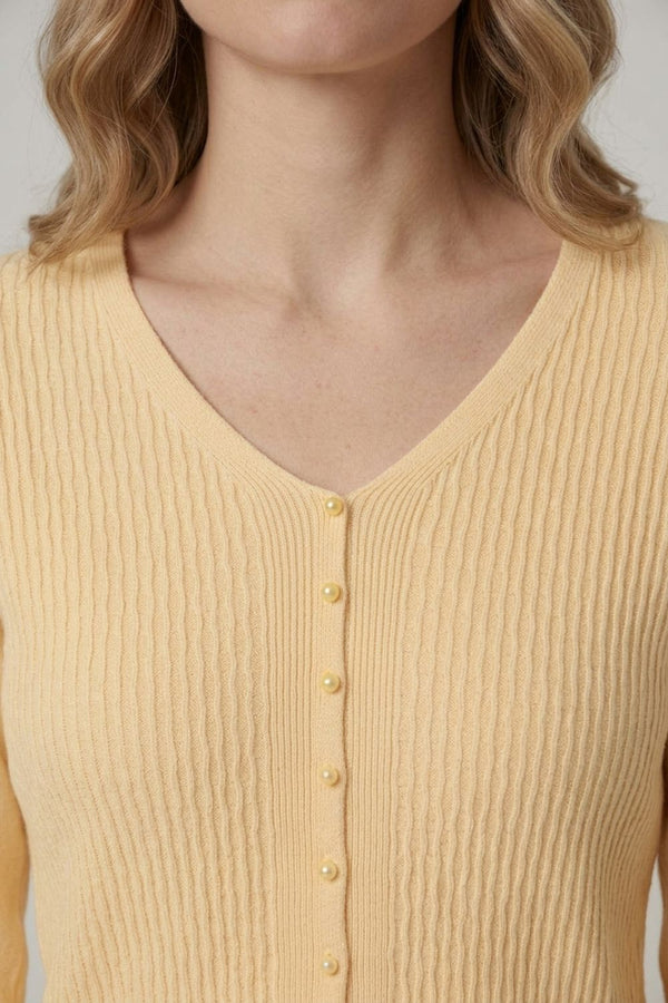 Yellow | Textured Pearl Detail V-Neck Knit Top