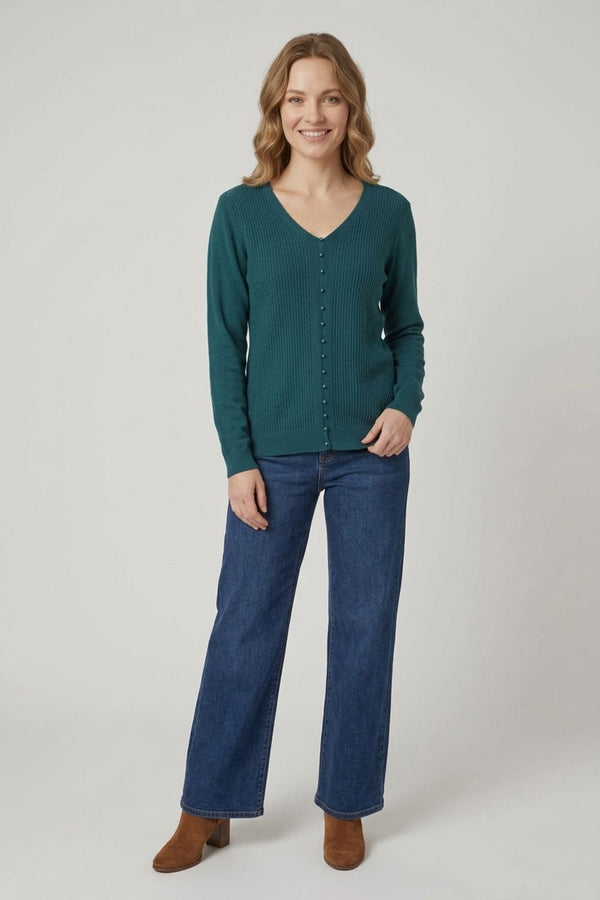 Teal | Textured Pearl Detail V-Neck Knit Top