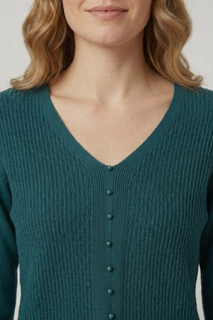 Teal | Textured Pearl Detail V-Neck Knit Top