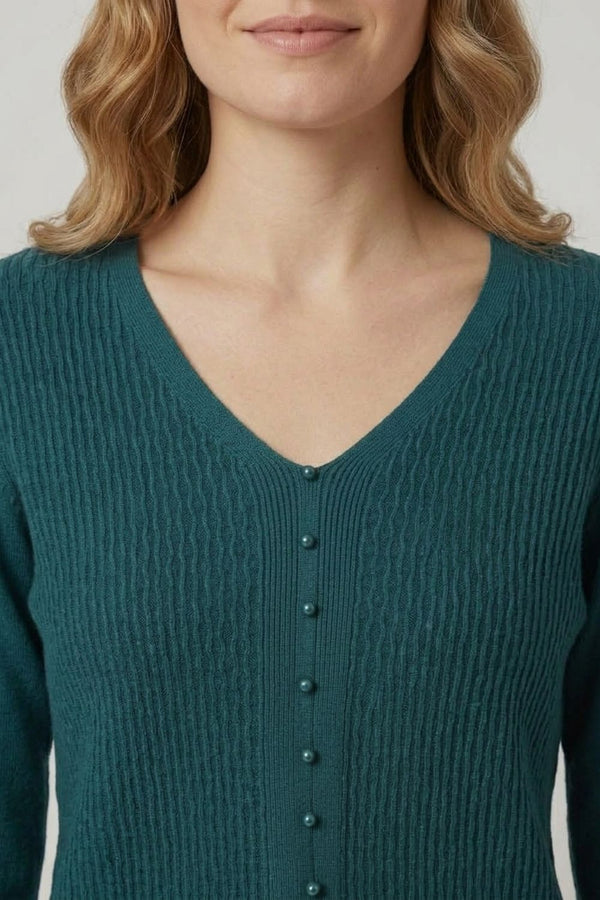 Teal | Textured Pearl Detail V-Neck Knit Top