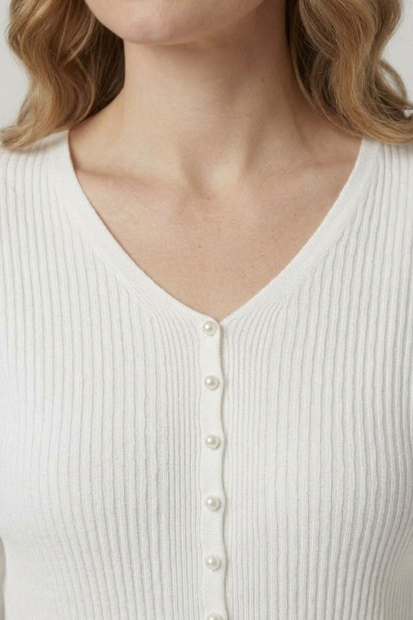 White | Textured Pearl Detail V-Neck Knit Top