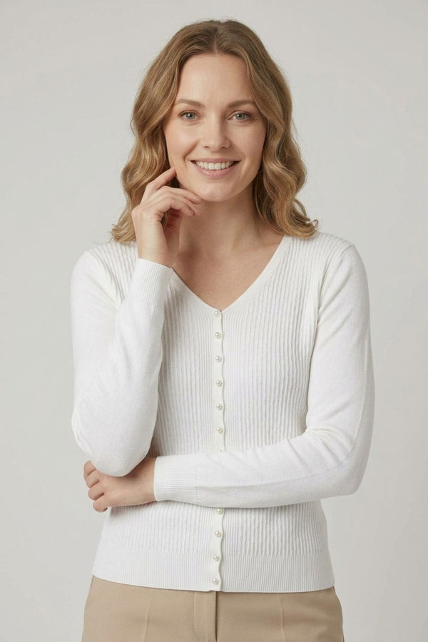 White | Textured Pearl Detail V-Neck Knit Top