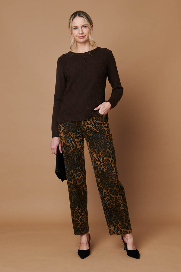 Brown | Pearl Detail Textured Long Sleeve Top