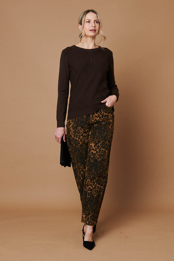 Brown | Pearl Detail Textured Long Sleeve Top