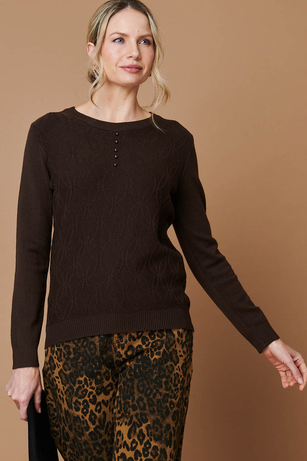 Brown | Pearl Detail Textured Long Sleeve Top