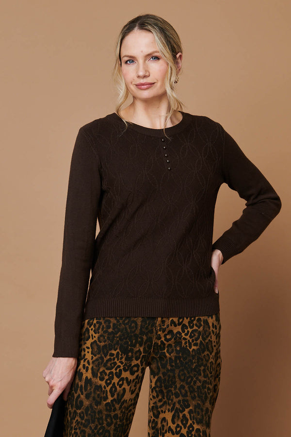 Brown | Pearl Detail Textured Long Sleeve Top