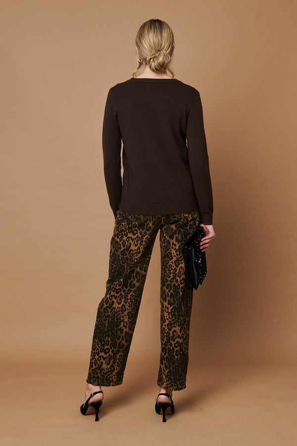 Brown | Pearl Detail Textured Long Sleeve Top
