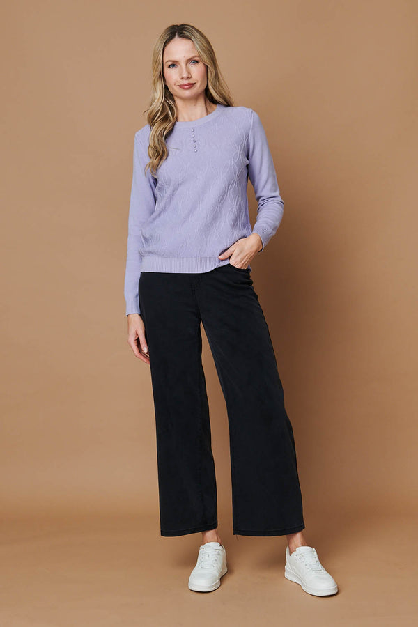 Purple | Pearl Detail Textured Long Sleeve Top