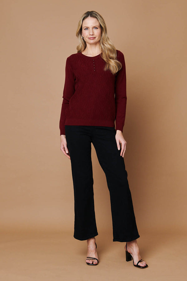 Red | Pearl Detail Textured Long Sleeve Top