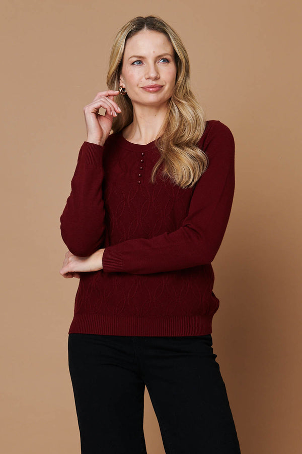 Red | Pearl Detail Textured Long Sleeve Top