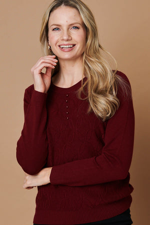 Red | Pearl Detail Textured Long Sleeve Top