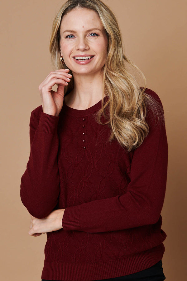 Red | Pearl Detail Textured Long Sleeve Top