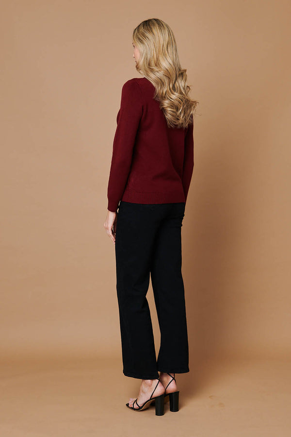 Red | Pearl Detail Textured Long Sleeve Top
